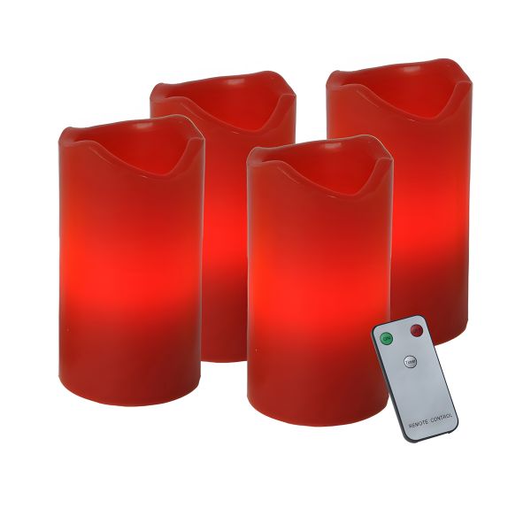 4er-Set rote LED-Adventskerzen, Lichtfarbe warmweiß, inkl. Fernbedienung und Timer, 10 x 5 cm